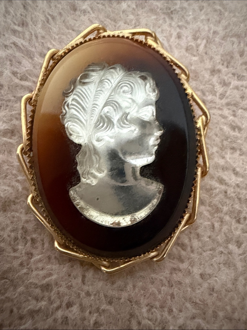 Vintage Cameo Resin & Gold-Tone Oval Brooch - Brown